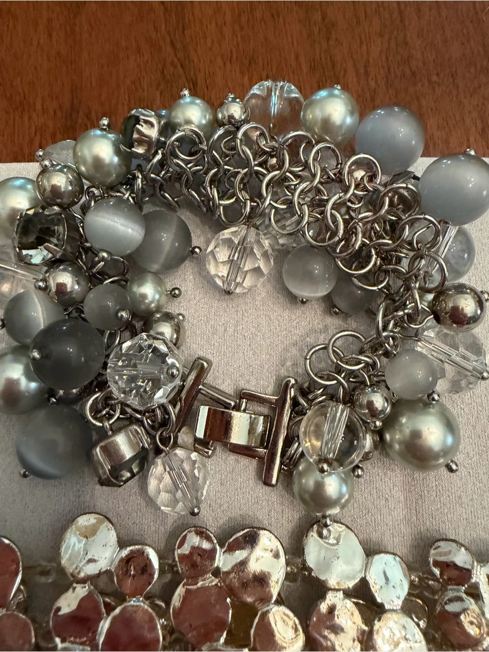 Two- Silver pearl Beaded Charm Bracelet and hammered silver mob wife classic
